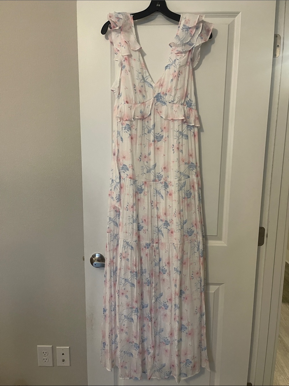 Altar'd State White Maxi Dress with Pink & Blue Floral Print